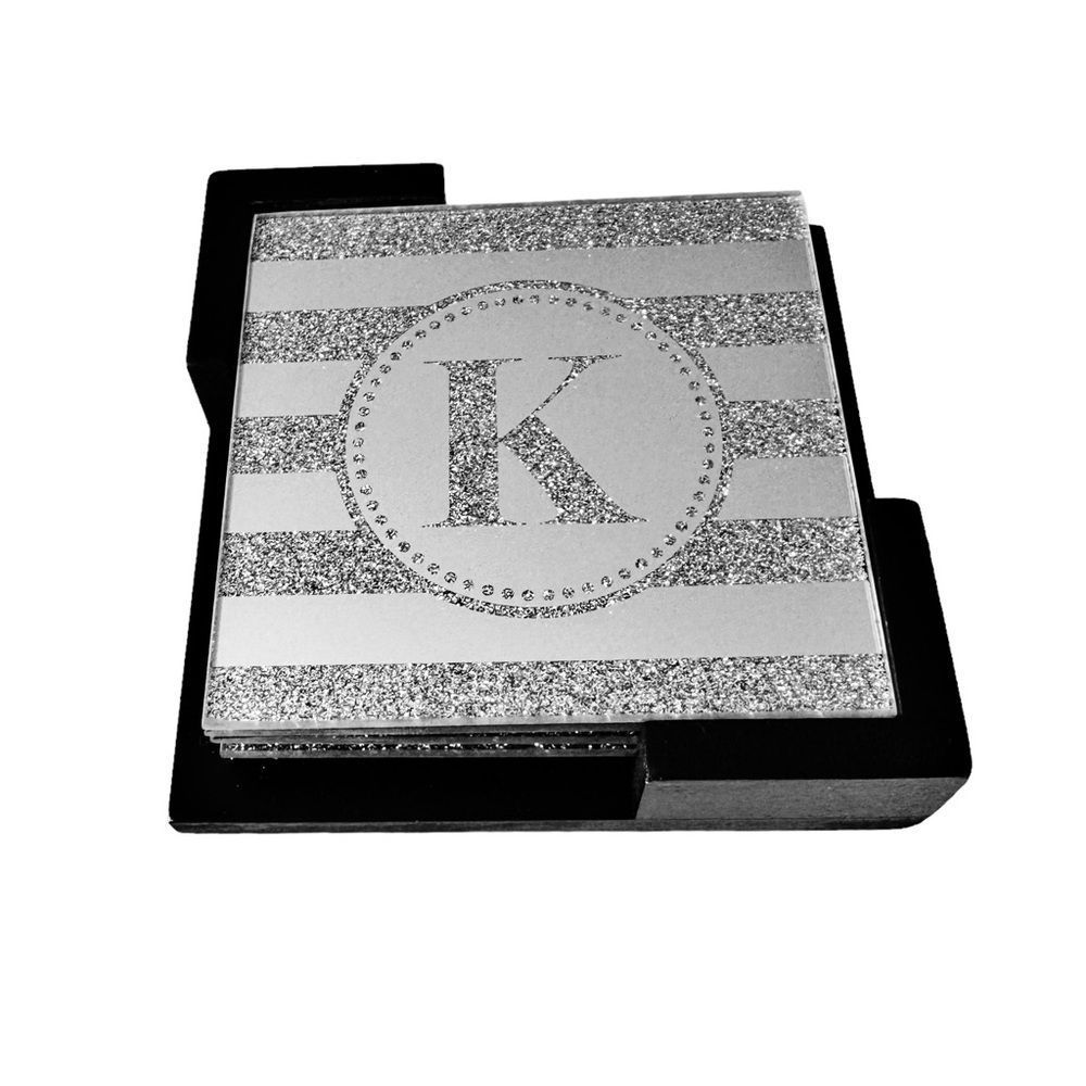American Atelier Initial K Mirrored Glass Coasters 4 Piece Set Caddy